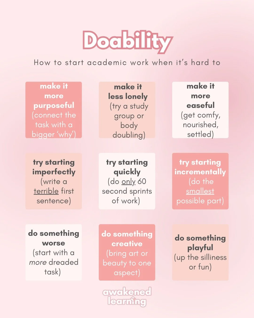 Sometimes, academic tasks and school work just don't feel...doable. So, how can #students start their work when it just feels so dang hard to?

1. Make it purposeful. 
Connect "pointless" work to a larger aim or ambition. Even if the projec