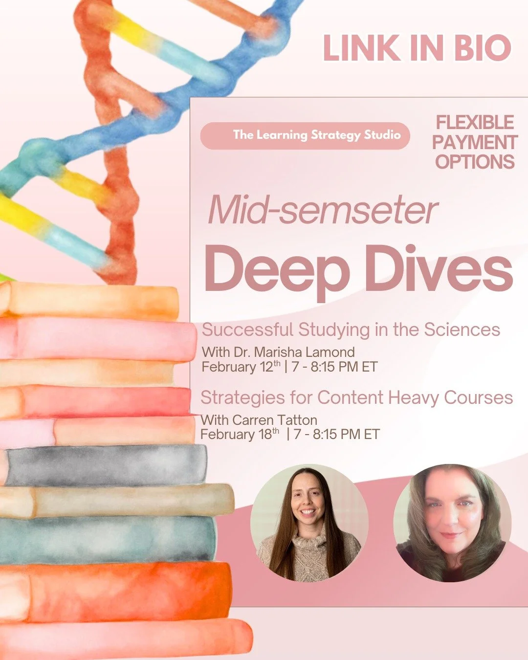 Sometimes, #students are in REALLY hard courses. We want to help them study, note-taking, and move through with more ease, efficiency, and success.

Mid-winter, mid-semester Deep Dives!

Successful Studying in the Sciences
Dr. Marisha Lamond
Thurs., 