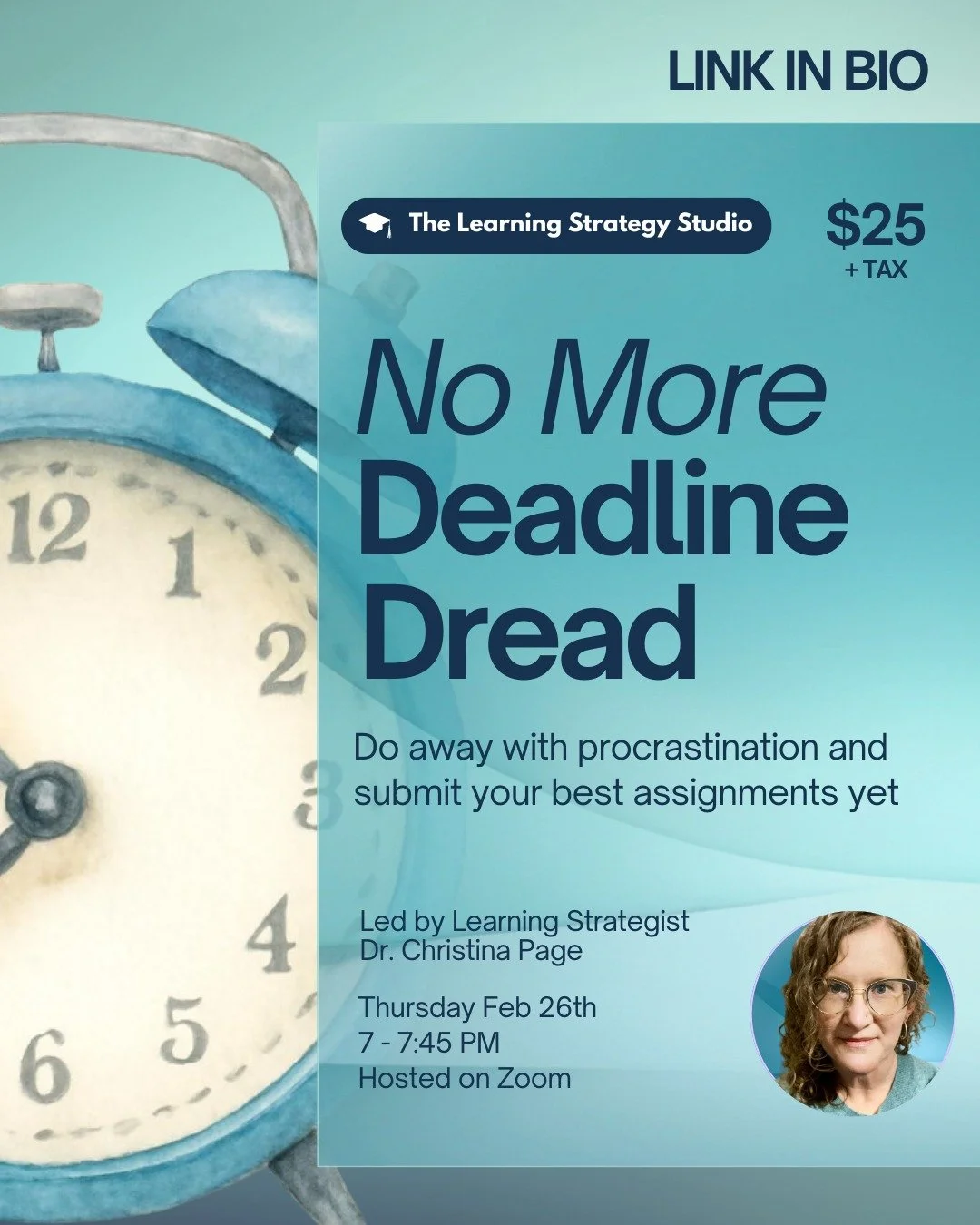 Don't procrastinate on this one 😉.

Tonight, the incomparable Awakened Learning academic coach and #learningstrategist, Dr. Christina Page, will be sharing with learners, parents, and educators: how to *finally* stop procrastinating.

No more late w