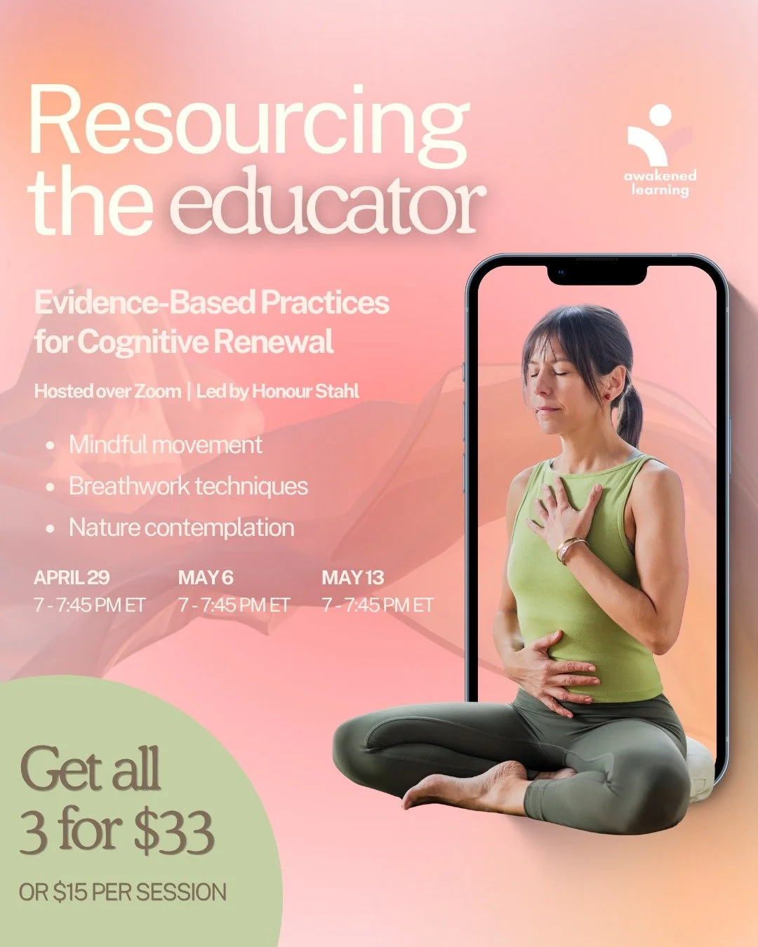 The end of the school year is coming. 

And if you're an educator, you know exactly what that means for your body and brain. 😮&zwj;💨

"Resourcing the Educator" is a three-part evening series led by Awakened Learning's wonderful Director, 