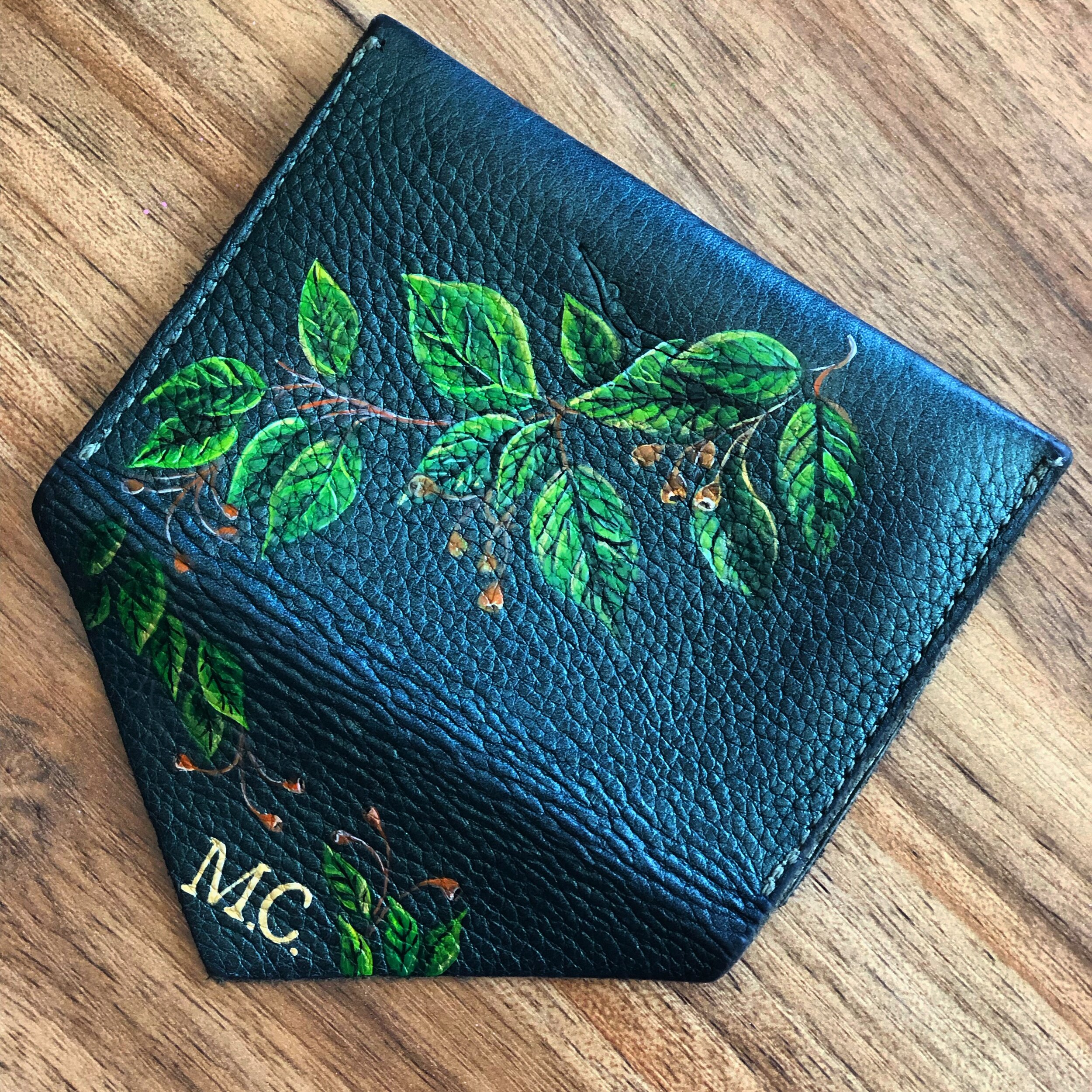  Leather business card holder given a unique look, custom leaf design with gold initials  