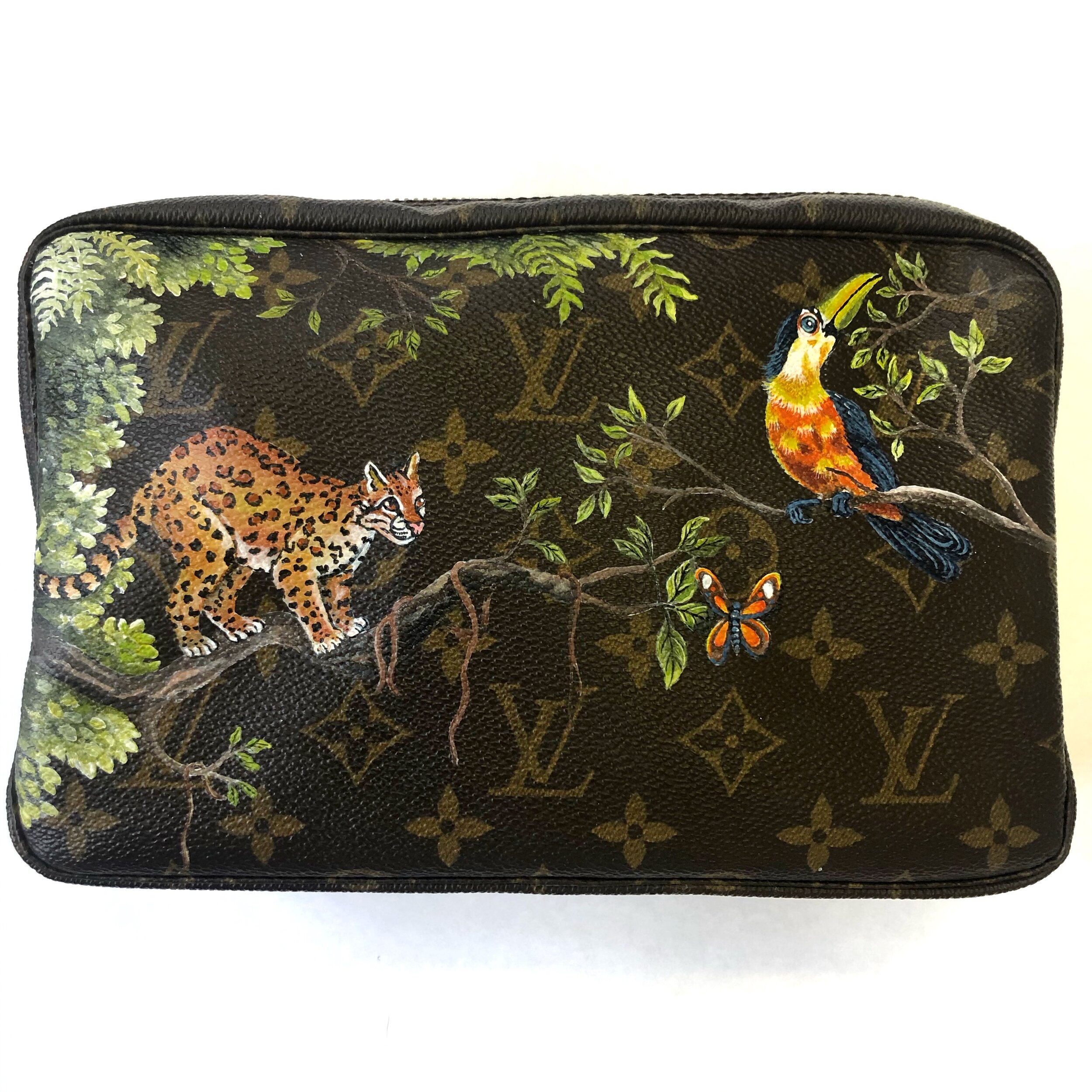 Louis Vuitton, upcycled, handpainted jungle print cosmetic pouch