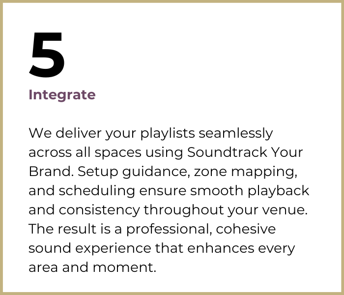 Step 5: “Integrate.” Passion Music delivers playlists seamlessly across all spaces using Soundtrack Your Brand, with setup guidance, zone mapping, and scheduling to ensure a cohesive, professional sound experience throughout the venue.