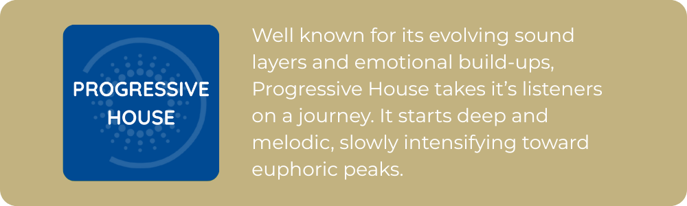 Progressive house music genre description highlighting evolving layers, melodic builds, and euphoric peaks