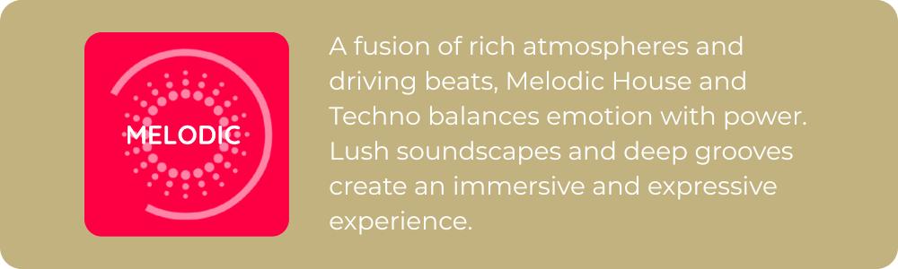 Melodic house and techno genre description featuring lush soundscapes, deep grooves, and emotional energy