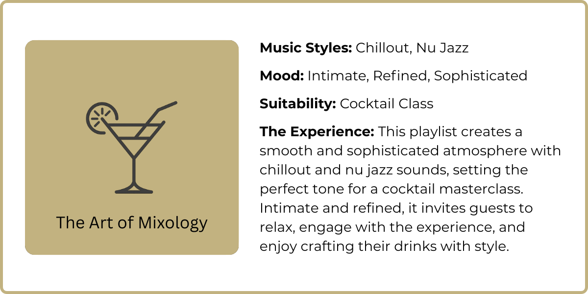 The Art of Mixology playlist by Passion Music — a chillout and nu jazz curation designed for cocktail classes and upscale bars, creating an intimate, refined, and sophisticated atmosphere.