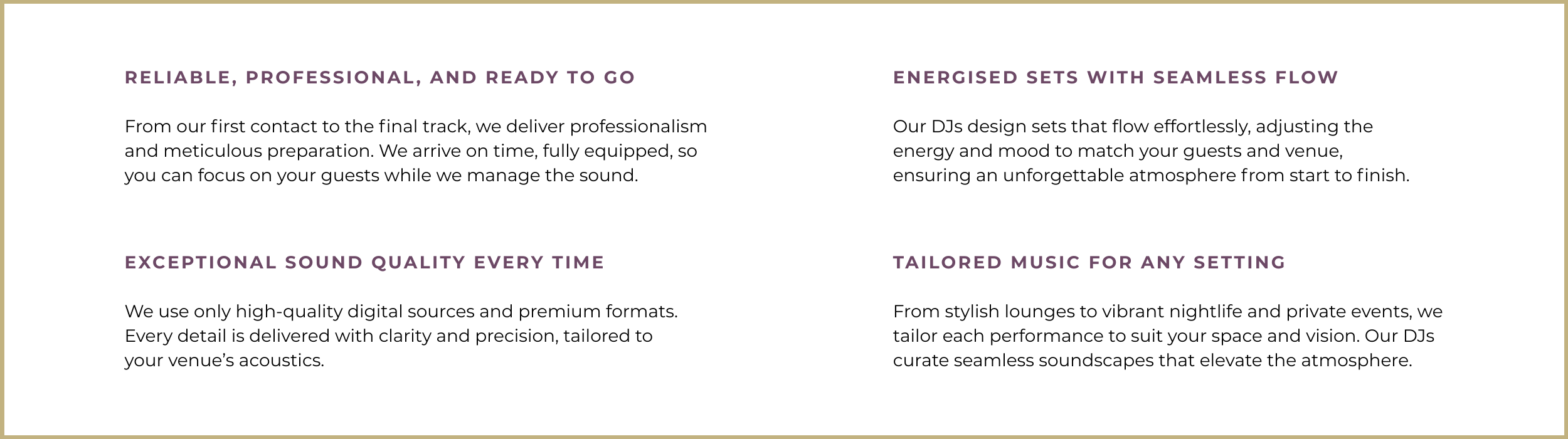 Passion Music service highlights section with four key features: reliability, seamless DJ sets, exceptional sound quality, and tailored music for any setting—showcasing professionalism and atmosphere-focused event delivery.