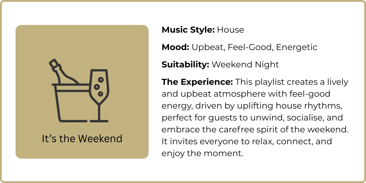 It’s the Weekend playlist by Passion Music — an upbeat, feel-good house mix that energises bars, lounges, and venues worldwide with lively rhythms and a carefree weekend atmosphere.