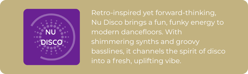 Nu disco music genre description featuring funky grooves, shimmering synths, and uplifting energy