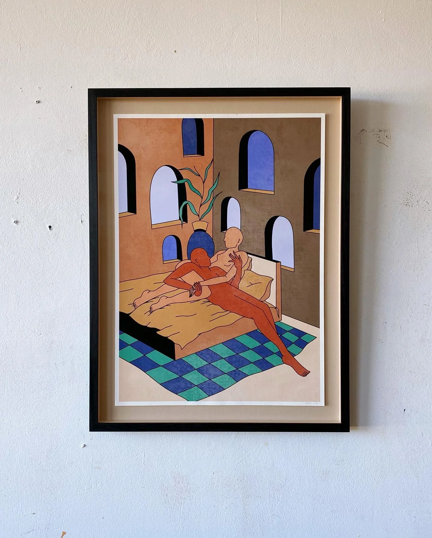 Limited edition print by @lenamacka sitting on a salmon coloured mat board, framed with a black stained tas oak frame. For @realitytv__