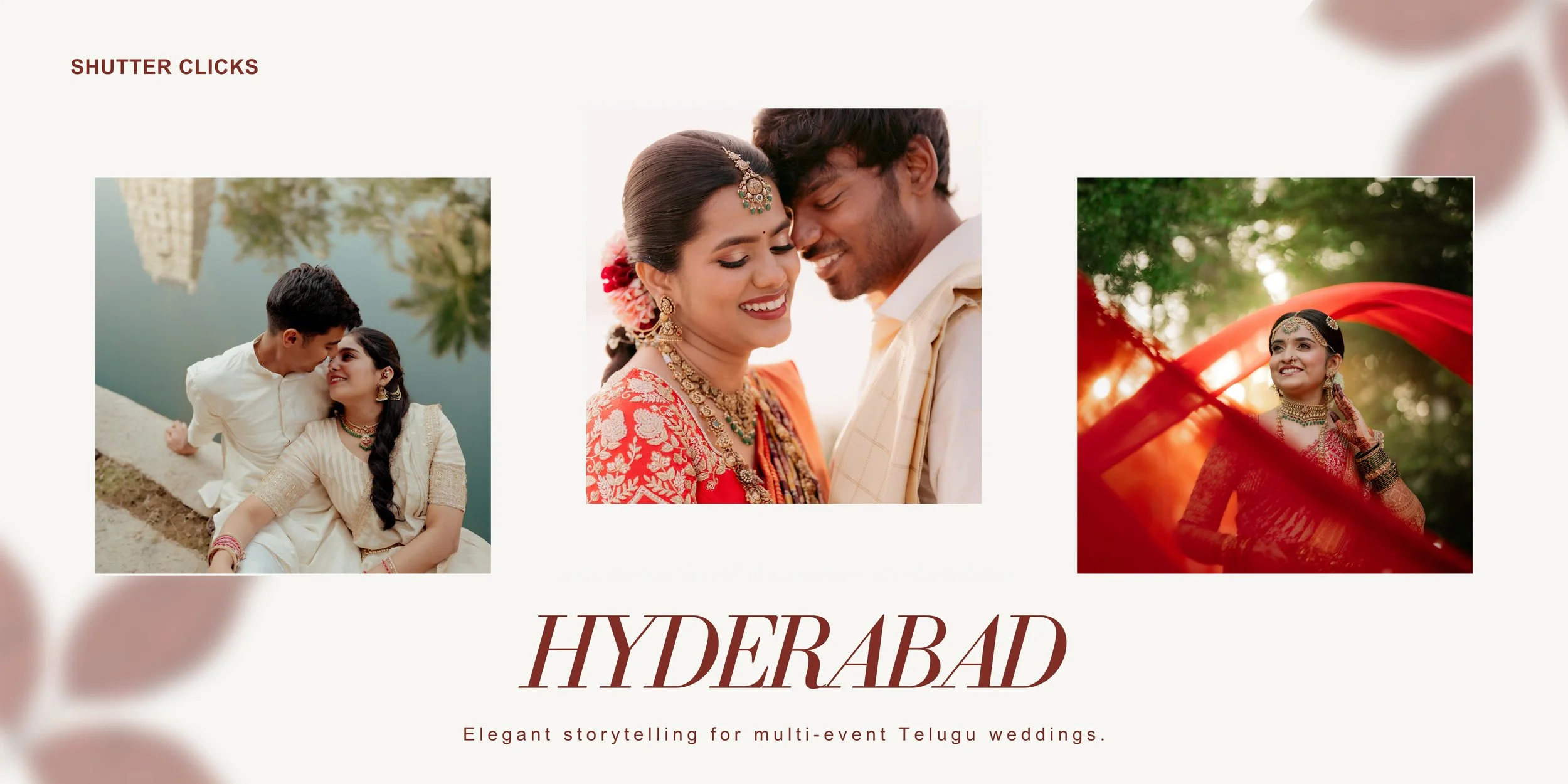 Hyderabad wedding photography banner featuring elegant Telugu wedding couple portraits by Shutter Clicks Photography