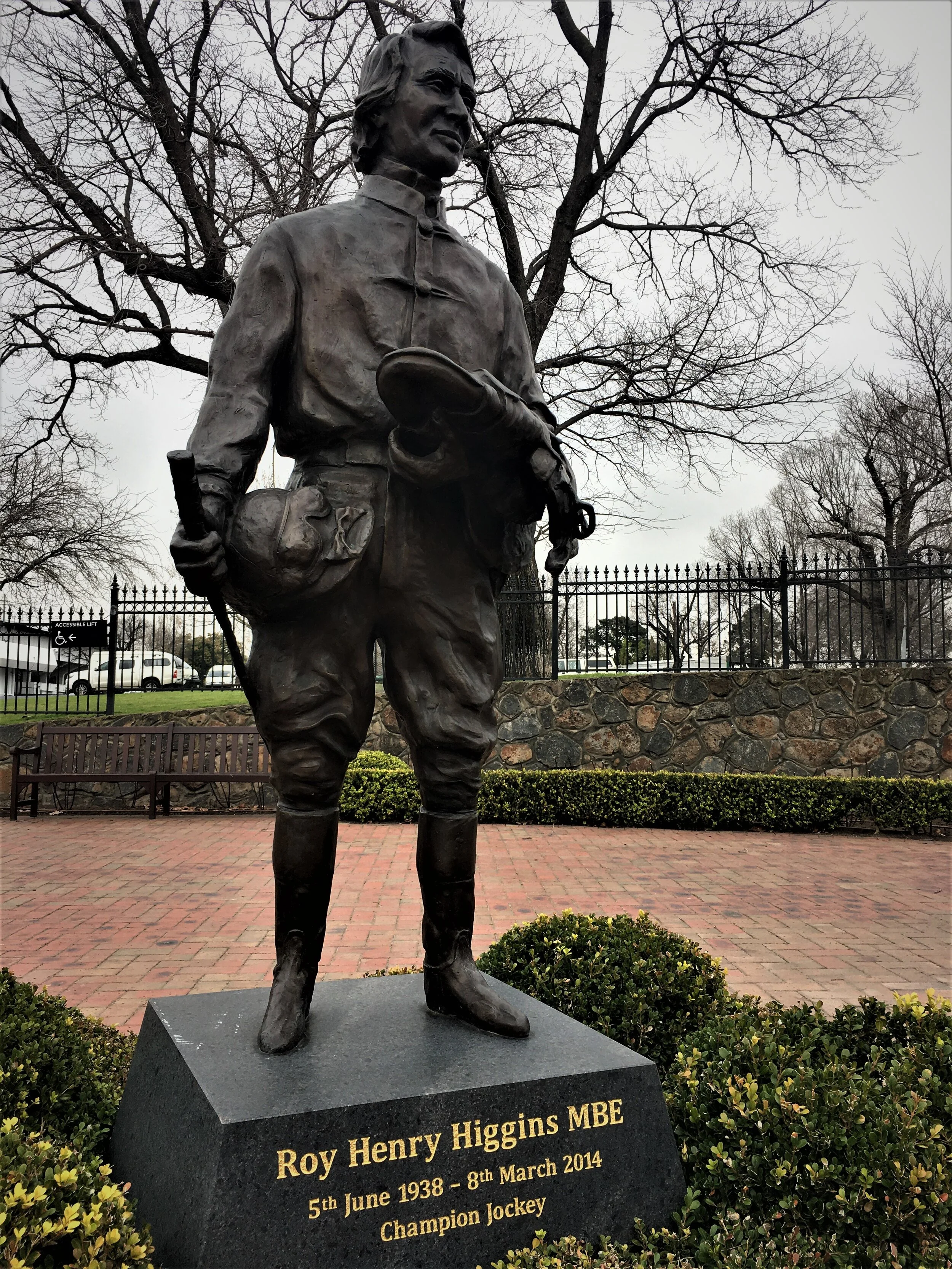 Located at the Hill Gate entrance to Flemington Racecourse, the Roy Higgins statue greets thousands of spectators as they arrive by train at Flemington.