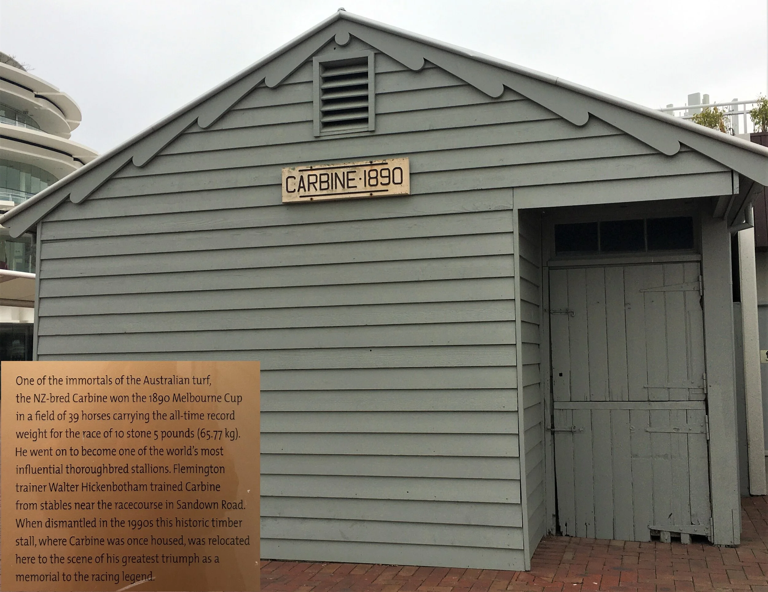 Carbine’s former stall which overlooks the lawn’s, the straight and also a statue of one of his many descendants.