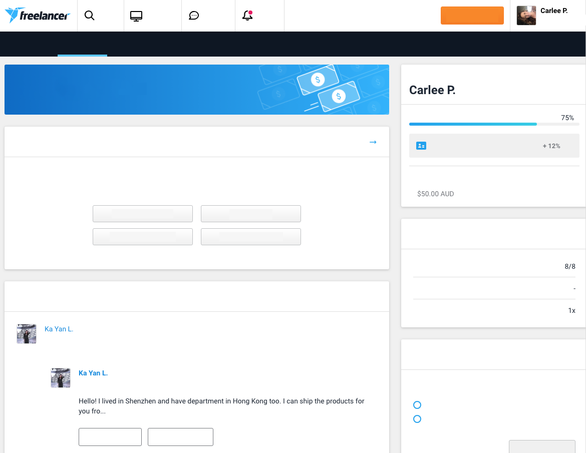 My freelancer.com account, with the interface copy removed