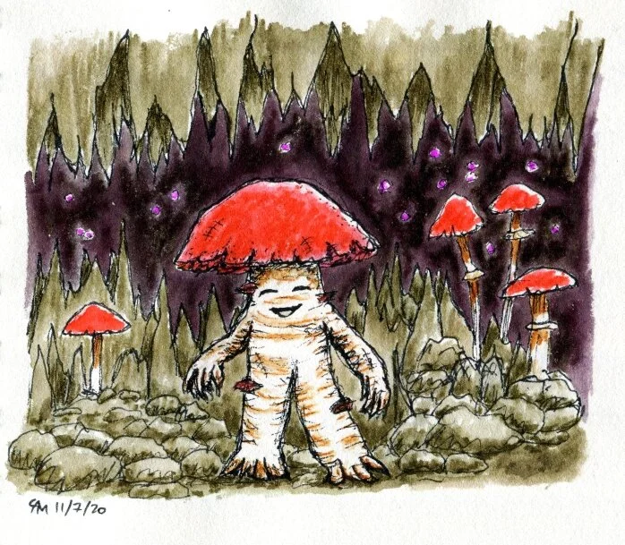  A children’s book style watercolour illustration of a happy mushroom man 