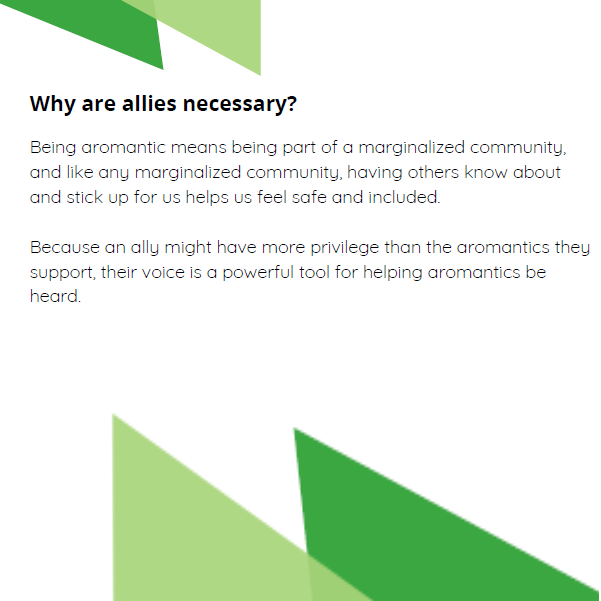An excerpt from the Beginner’s Guide to Being an Aromantic Ally pamphlet.