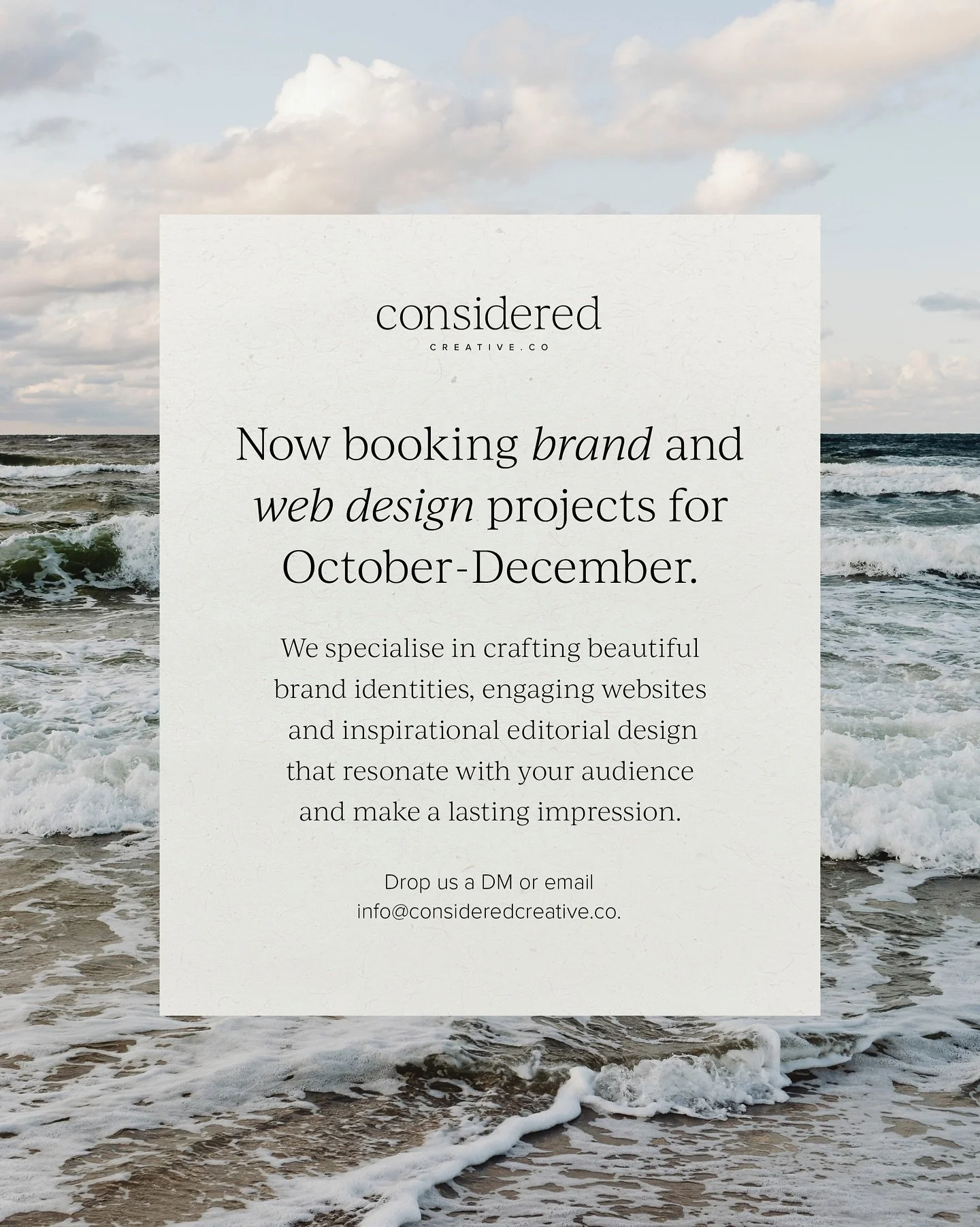 I have availability in my calendar for brand and web design projects from mid-October to December.

If you&rsquo;ve got that September urge to start a new project, or revisit a current one, and would like to chat it over please send a DM or email inf