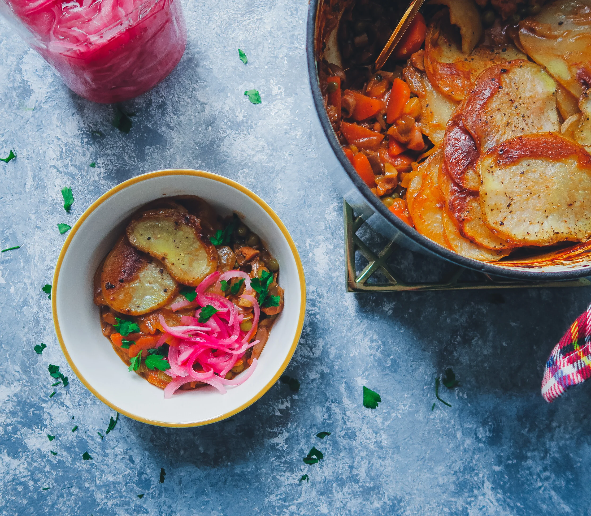 Hearty Vegan Jackfruit Hotpot with Pink Pickled Onions