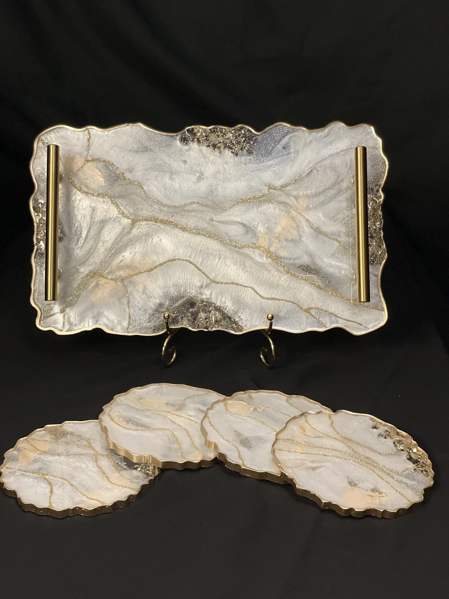 Celestial White & Gold Clear Quartz Infused Coasters, Plates & Trays