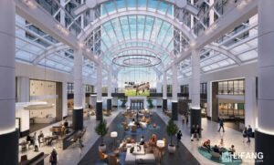 What the atrium in the office building may look like after renovations. Credit: Rubenstein Partner