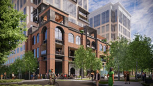 A rendering of what the finished exterior of the mixed-use building at Main Street and Lindbergh Lane might look like. Credit: Rubenstein Partners