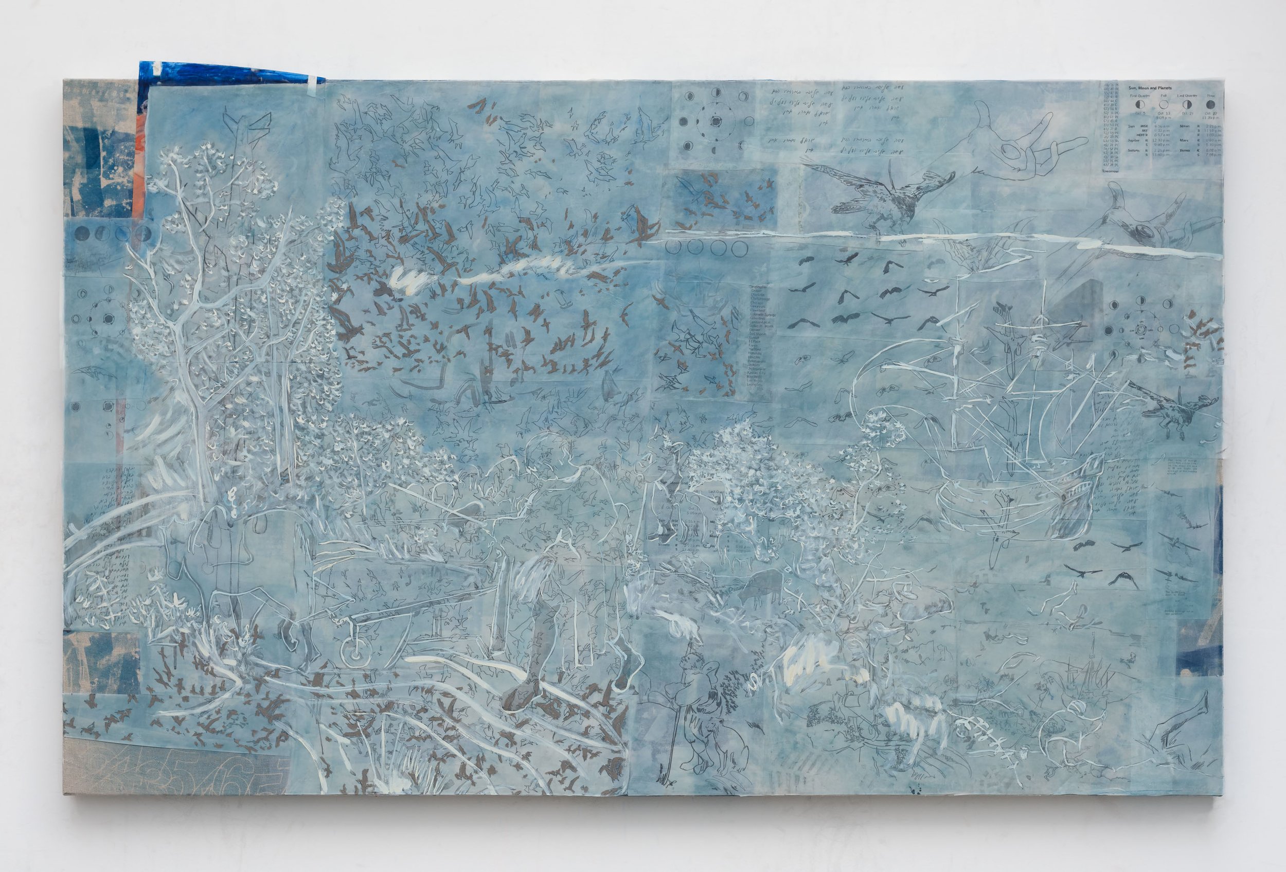  After Bruegel (2022) oil, pastel, vellum drawings, cyanotype on linen 42” x 68” 