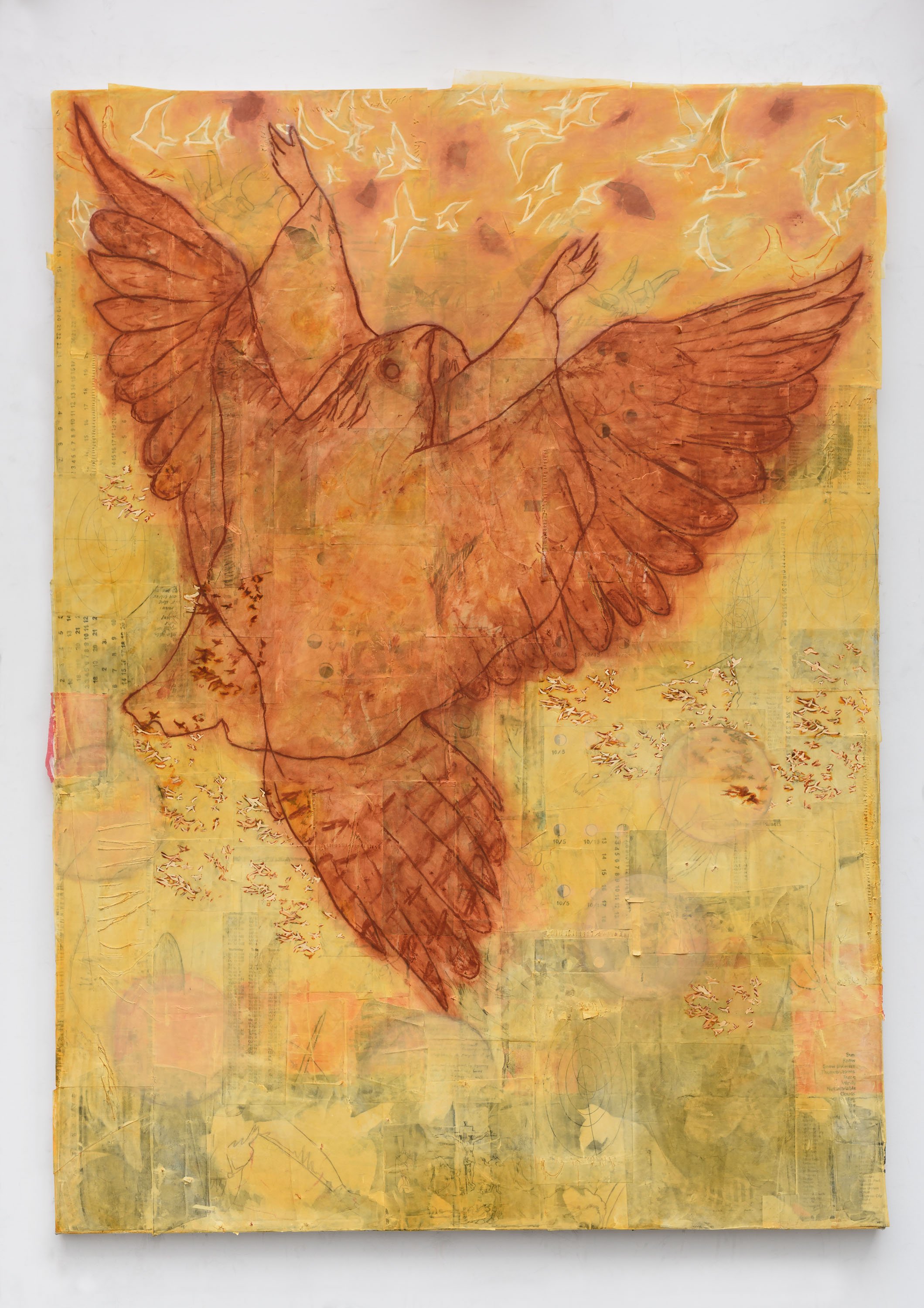  outstretched (2022) oil, pastel, graphite, etchings, transfer paper, vellum drawings on canvas 72” x 52” 