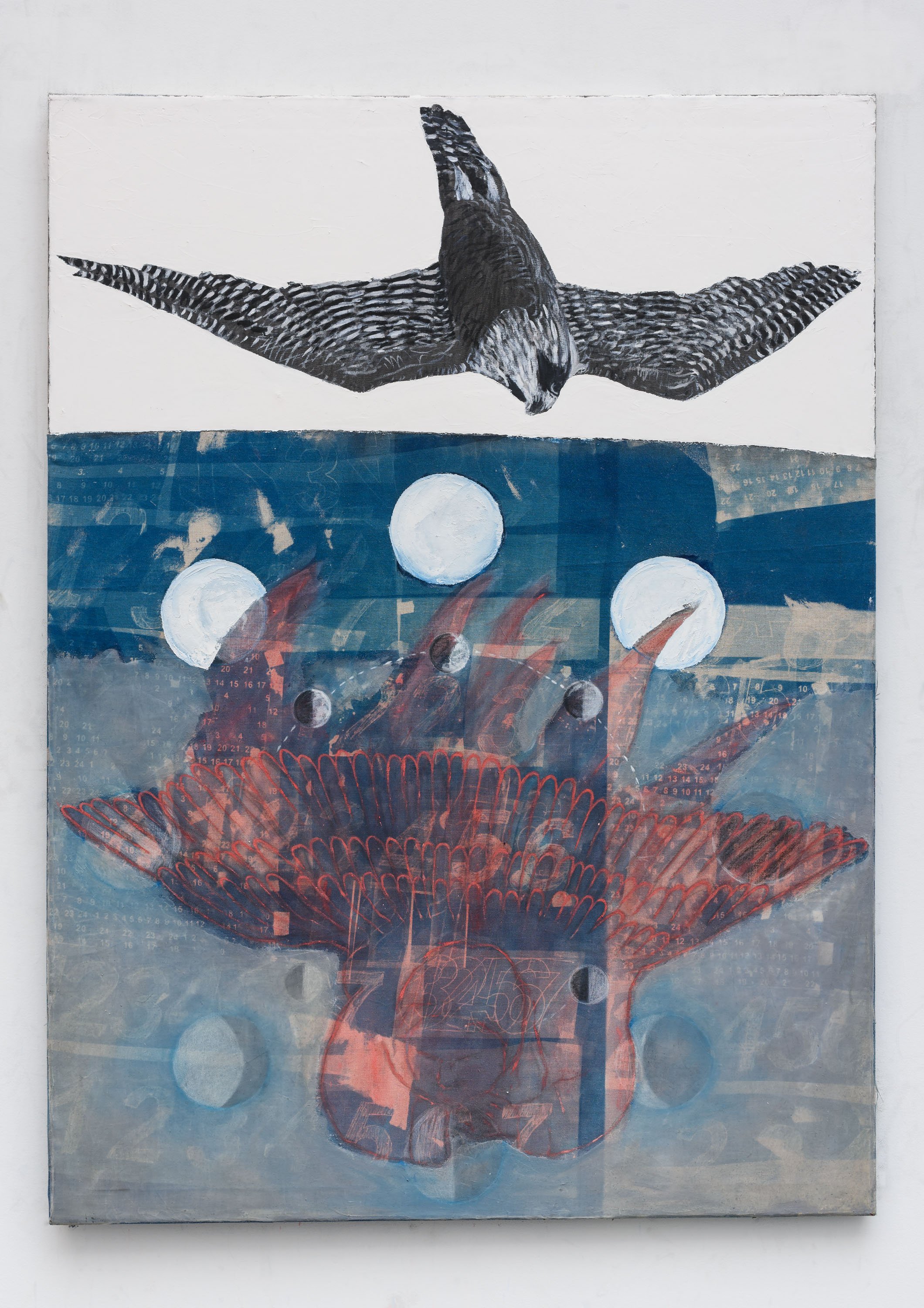  evolution (2022) oil, pastel, graphite on cyanotype on linen 48” x 36”&nbsp; 