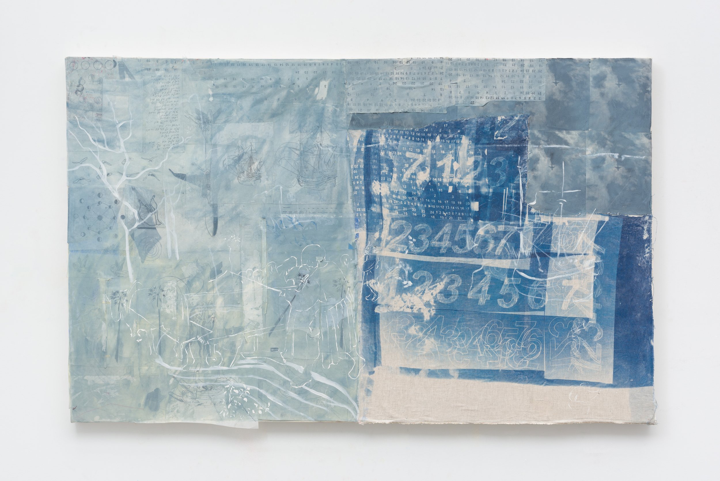  After Bruegel 3 (2022) oil, graphite, vellum,  cyanotype on linen, canvas 64” x 40” 