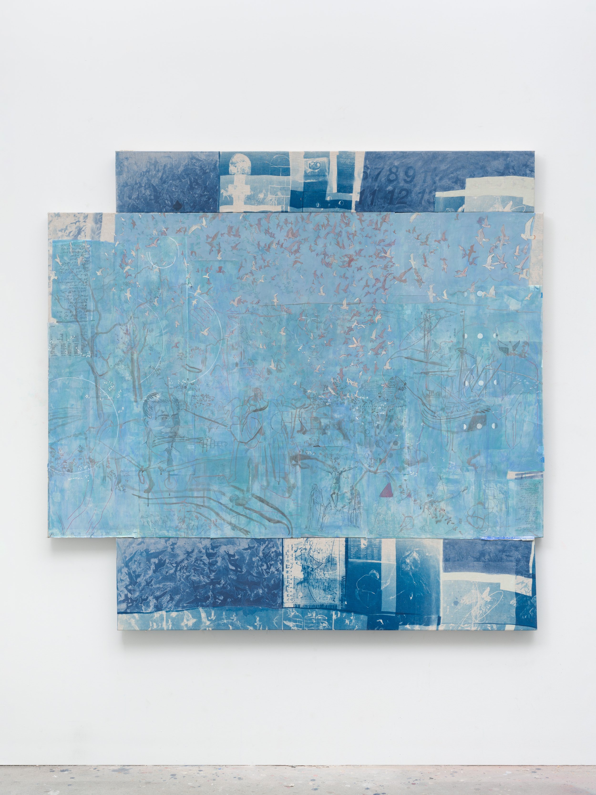  After Bruegel 3 (2023) three panels acrylic, colored pencil, vellum, graphite, cyanotype on linen and canvas 64” x 61.5” 