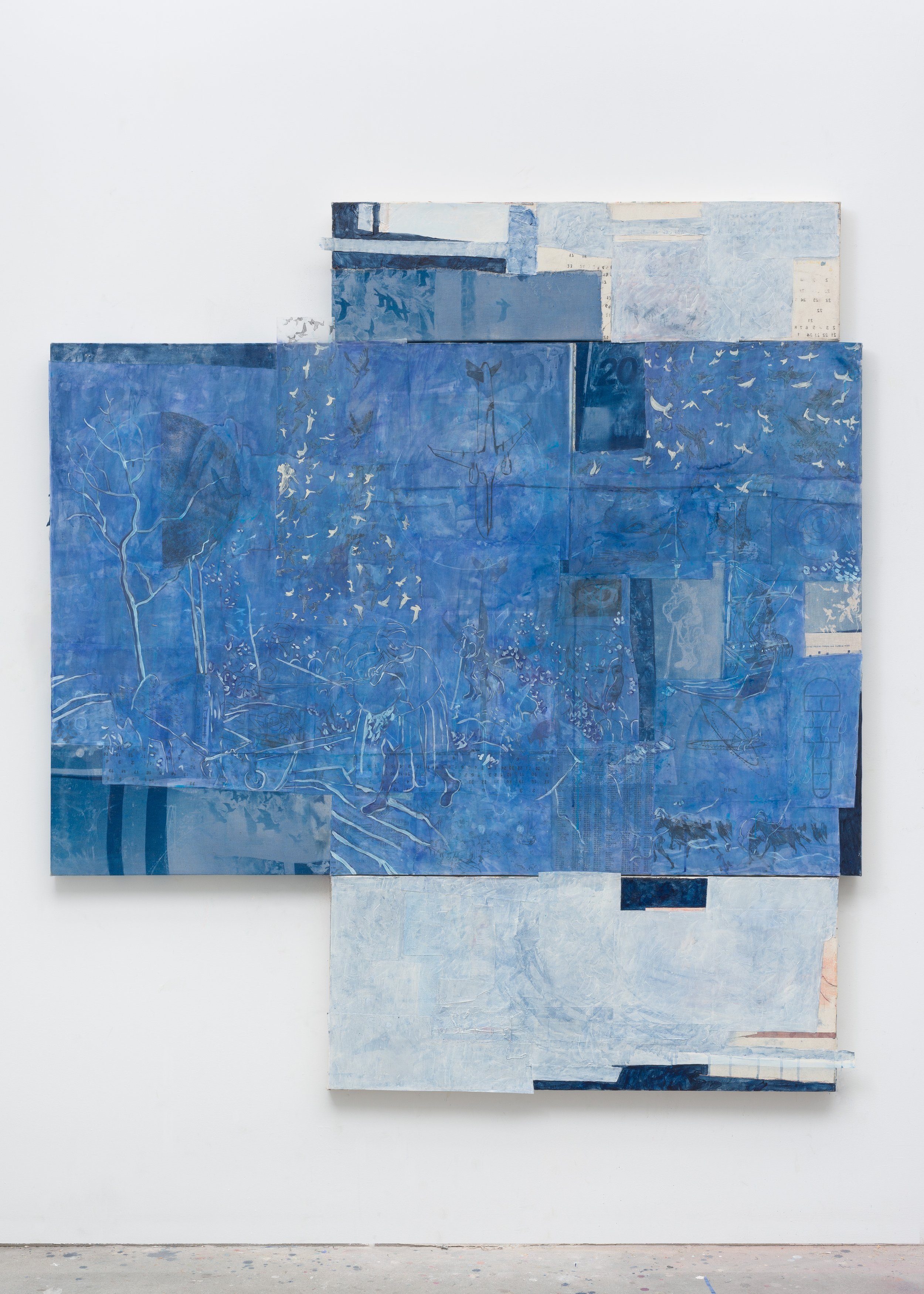  After Bruegel 4 (2023) three panels acrylic, colored pencil, vellum, graphite, cyanotype on linen and canvas 68” x 70”  