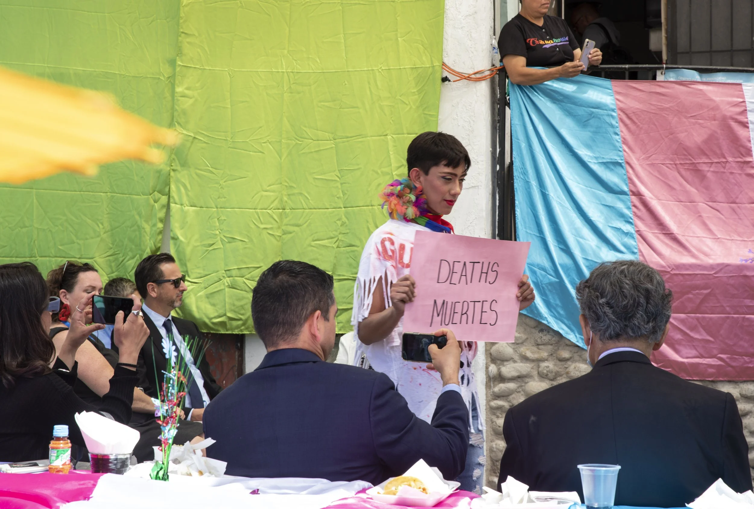  José Geovanny Torres Morataya, 22, participates in a play put on to educate a delegation of congress members about what LGBTQ asylum seekers face at Jardín de las Mariposas, a shelter for&nbsp;LGBTQ migrants and asylum seekers, on Friday, May 6, 202