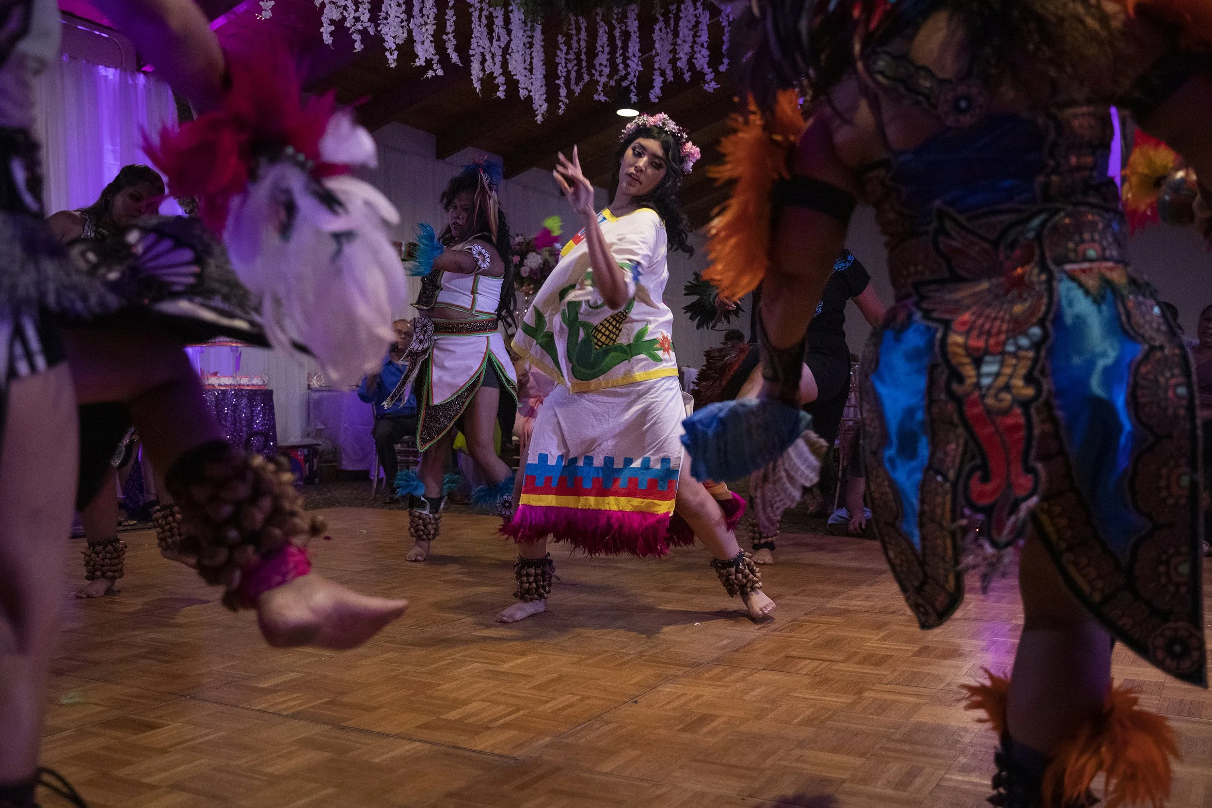  Zoey Mary Jane Grande participates in a prayer with the Danza Azteca group she is a part of called Calpulli Mexihca during her quinceañera.  