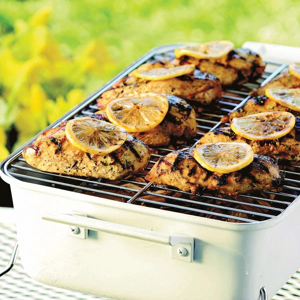 8 tablespoons (1 stick) butter 1 tablespoon hollandaise sauce mix 2 teaspoons salt-free citrus herb seasoning 2 tablespoons lemon juice 8 boneless, skinless chicken- breast halves Garlic salt Lemon-pepper seasoning 1. Set up grill for direct cooking over medium heat. Oil grates when ready to start grilling. 2. In a small saucepan, melt butter over medium heat. Stir in sauce mix, citrus herb seasoning, and lemon juice. Cook 1 minute. Remove from heat and set aside near grill. 3. Season chicken with garlic salt and lemon pepper. Grill chicken 6 to 8 minutes per side or until done, basting with butter sauce every few minutes.