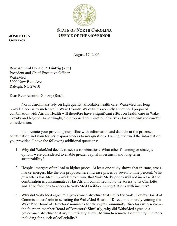 Josh Stein Letter WakeMed Atrium Merger