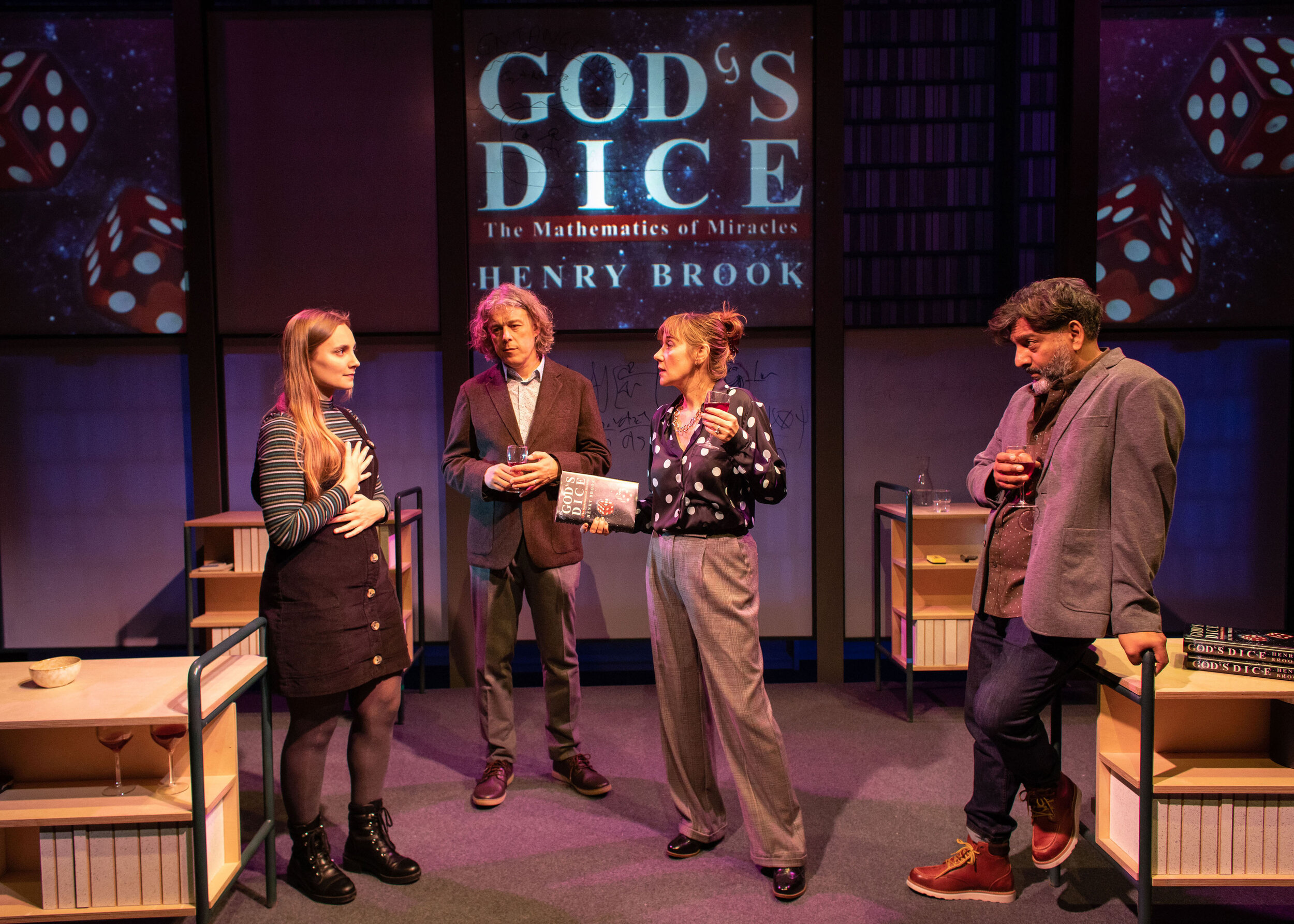 Leila Mimmack (Edie), Alan Davies (Henry), Alexandra Gilbreath (Virginia) and Nitin Ganatra (Tim) in God's Dice at Soho Theatre. Credit Helen Maybanks..jpg