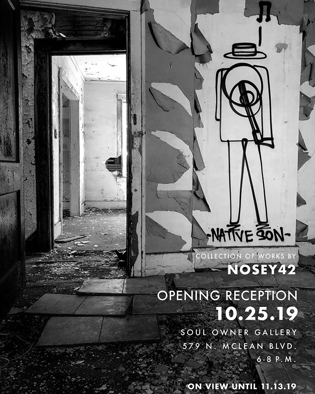 JOIN US FRIDAY OCT 25 6p-8p for @nosey42&rsquo;s solo show &lsquo;NATIVE SON&rsquo; // Specializing in murals with a strong focus on community engagement, Marshall&rsquo;s work is rarely seen in a gallery setting. Native Son, is a fresh, graphic, sen