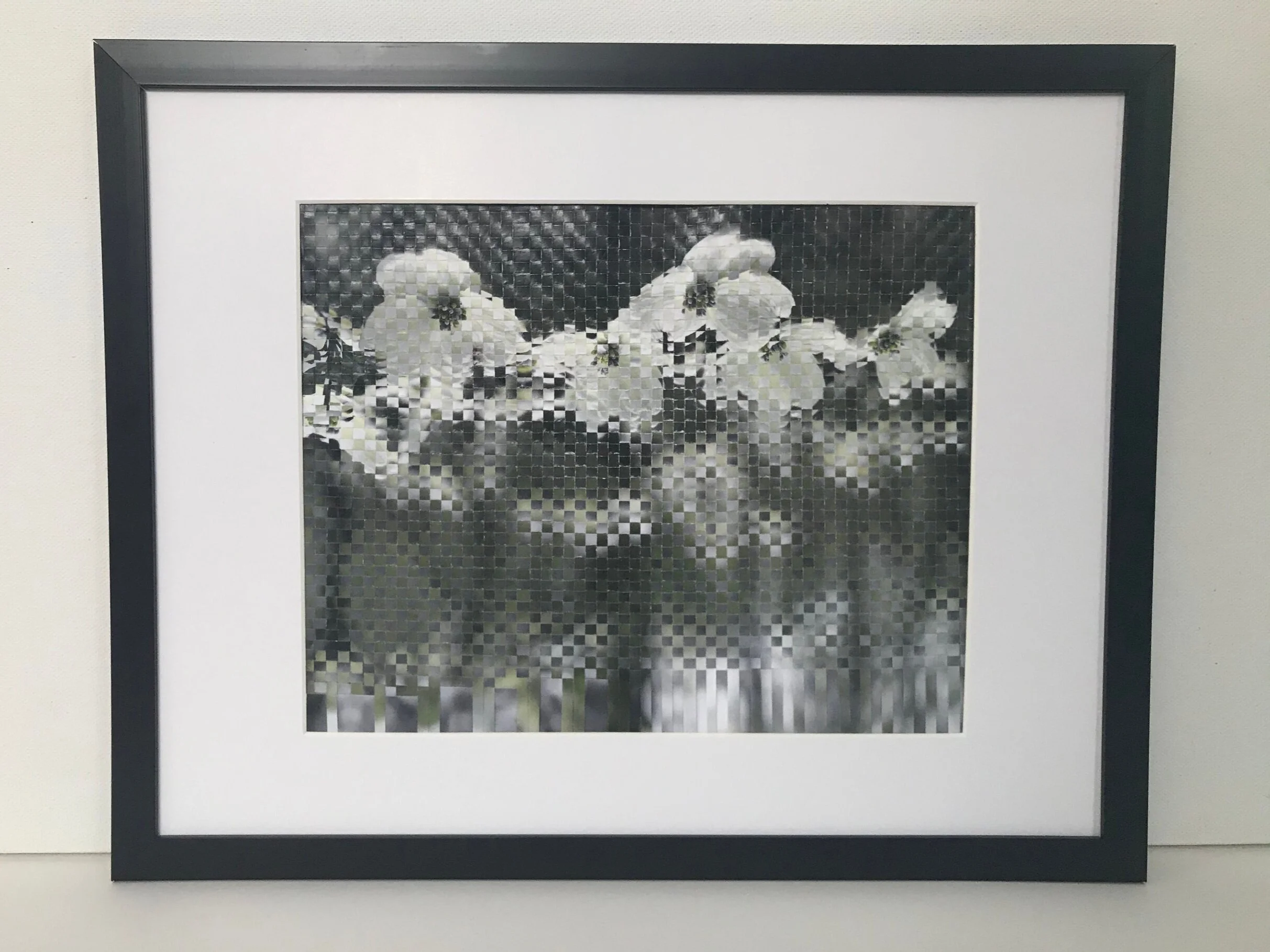 Evaporating Flora, 2020. Woven paper, merging b&amp;w and color photographs of same image. Private collection.