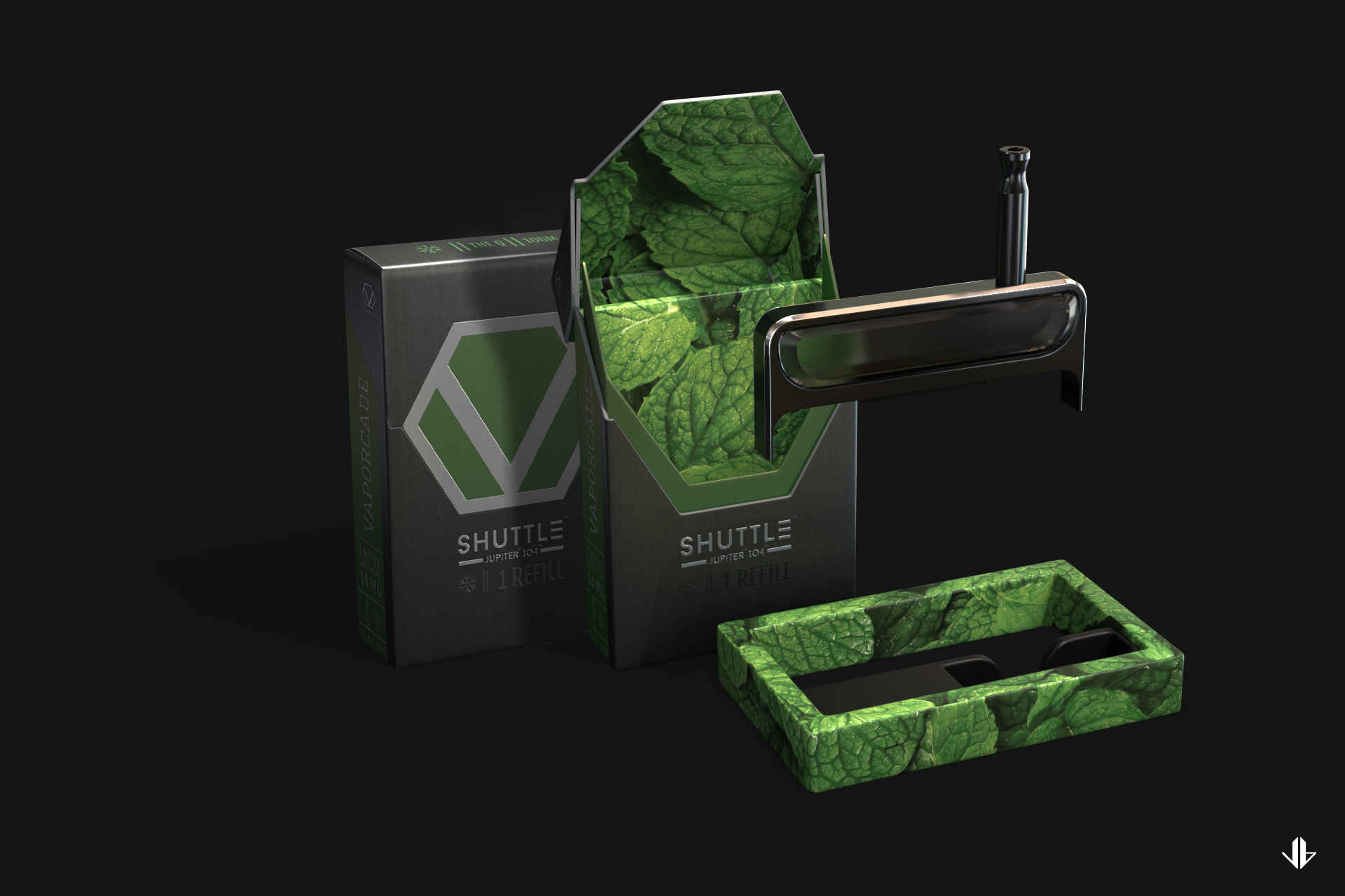 Vape cartridge box design with a botanical leaf lined interior and hinged opening