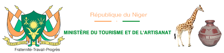 Niger government banner with coat of arms, text, giraffe, and pottery vase.