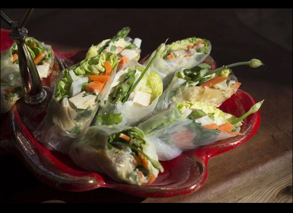 Asparagus &amp; Five-Spice Tofu Spring Rolls with Spicy Cashew Sauce