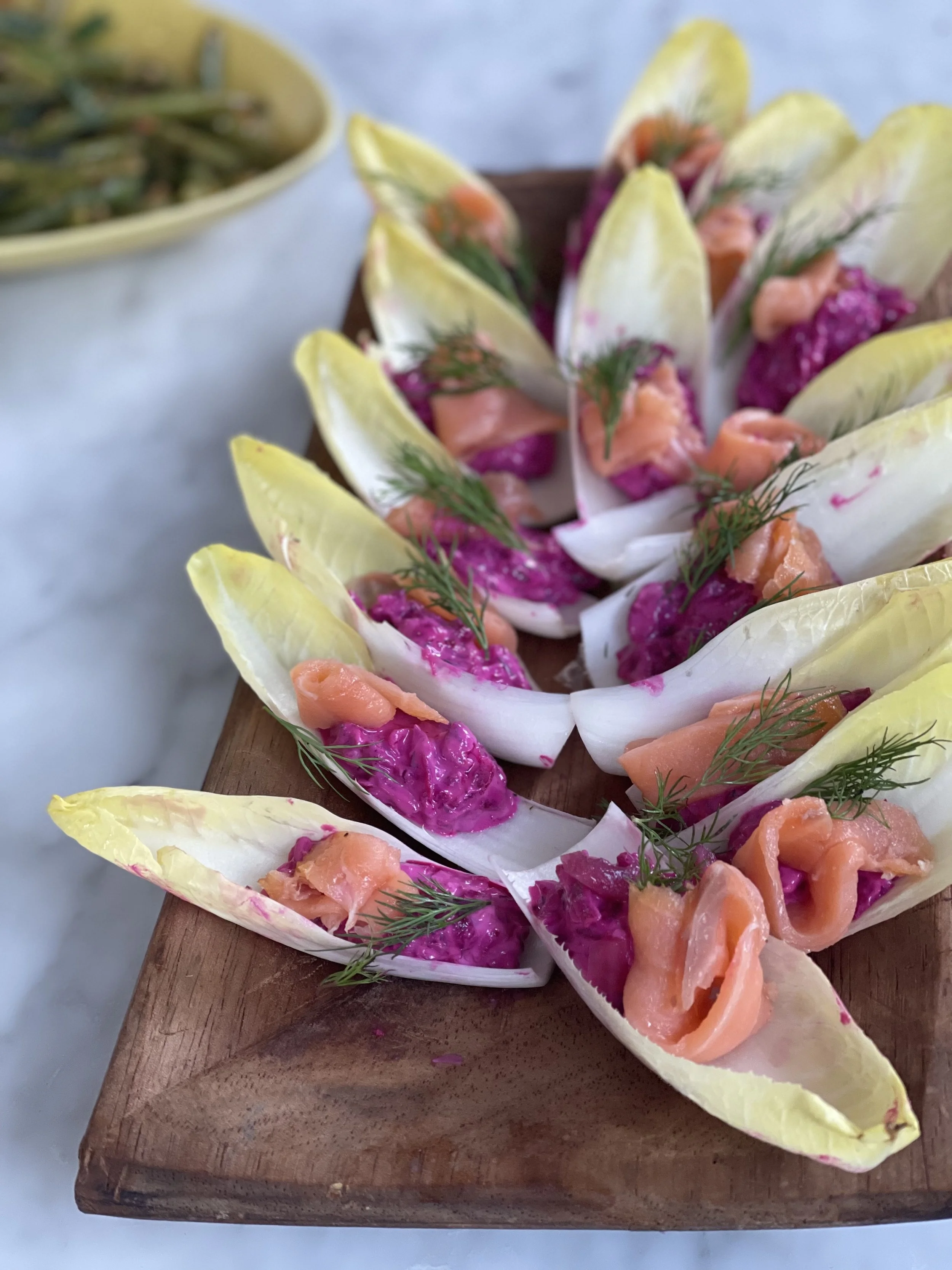 Endive Cups with Yogurt-Beet Relish and Smoked Salmon 