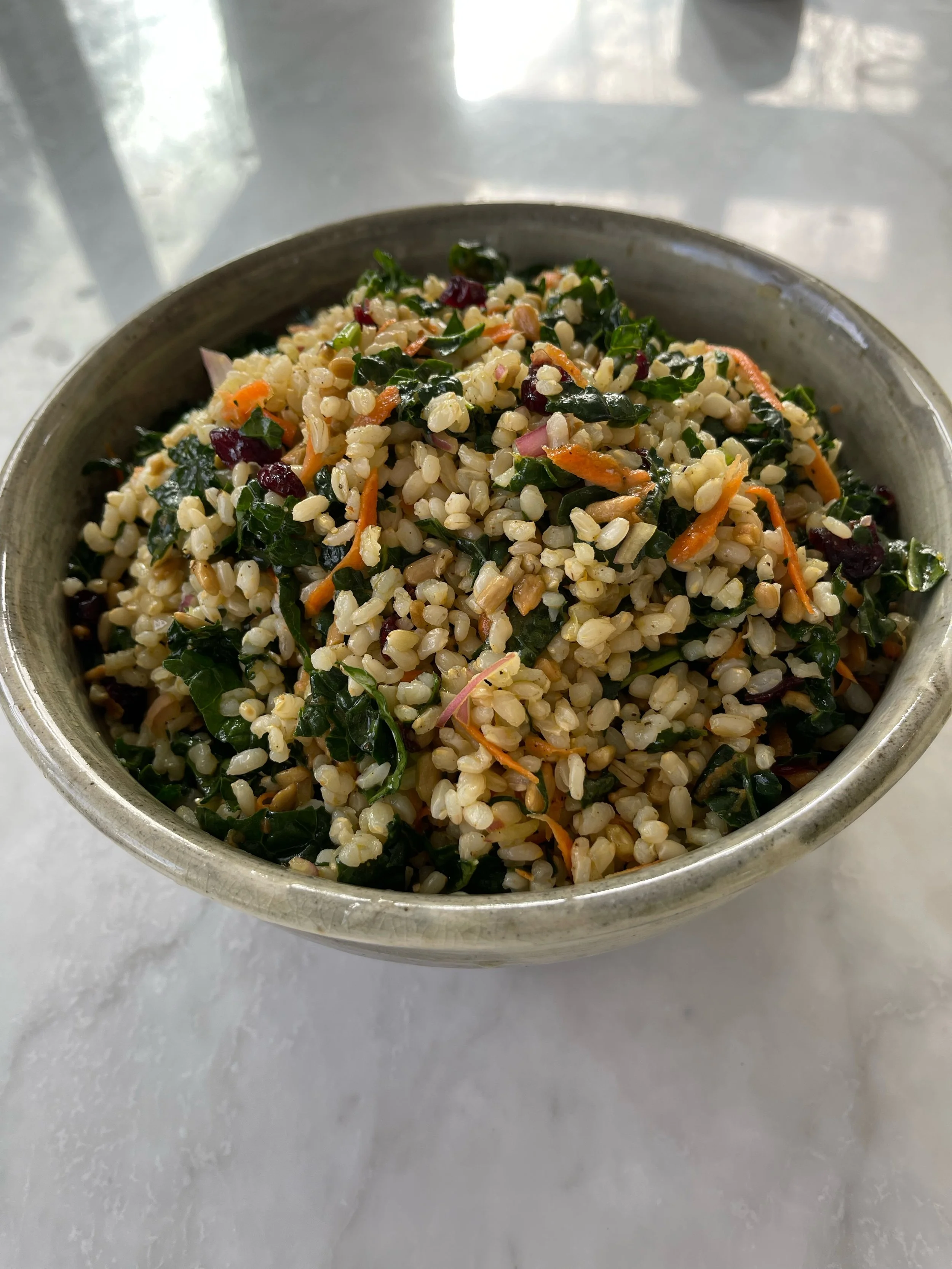 Brown Rice Salad with Kale, Carrots, Sunflower and Dried Cranberries 