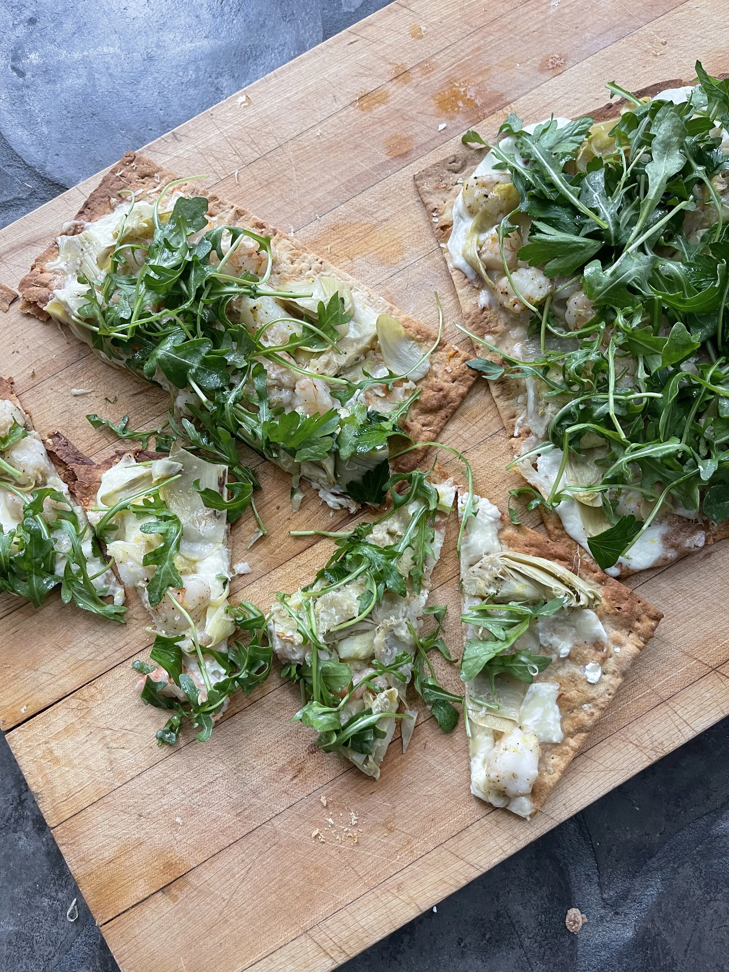 Shrimp and Artichoke Lavash Flatbread with Arugula and Parsley Salad&nbsp;