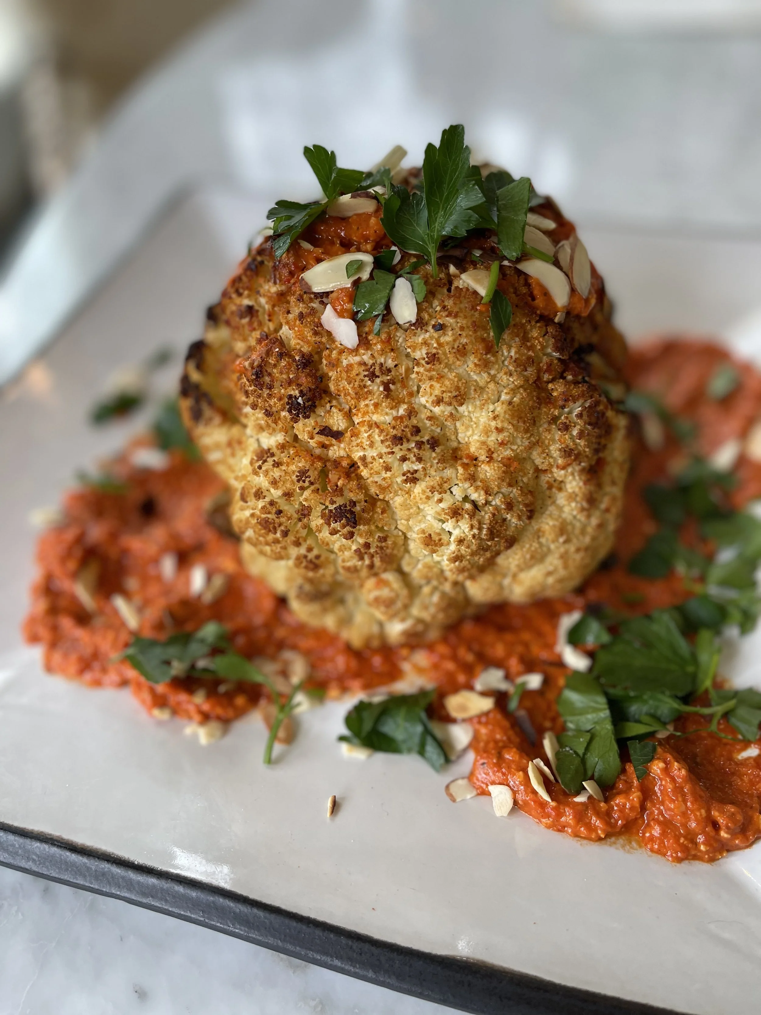 Whole Roasted Cauliflower with Romesco Sauce