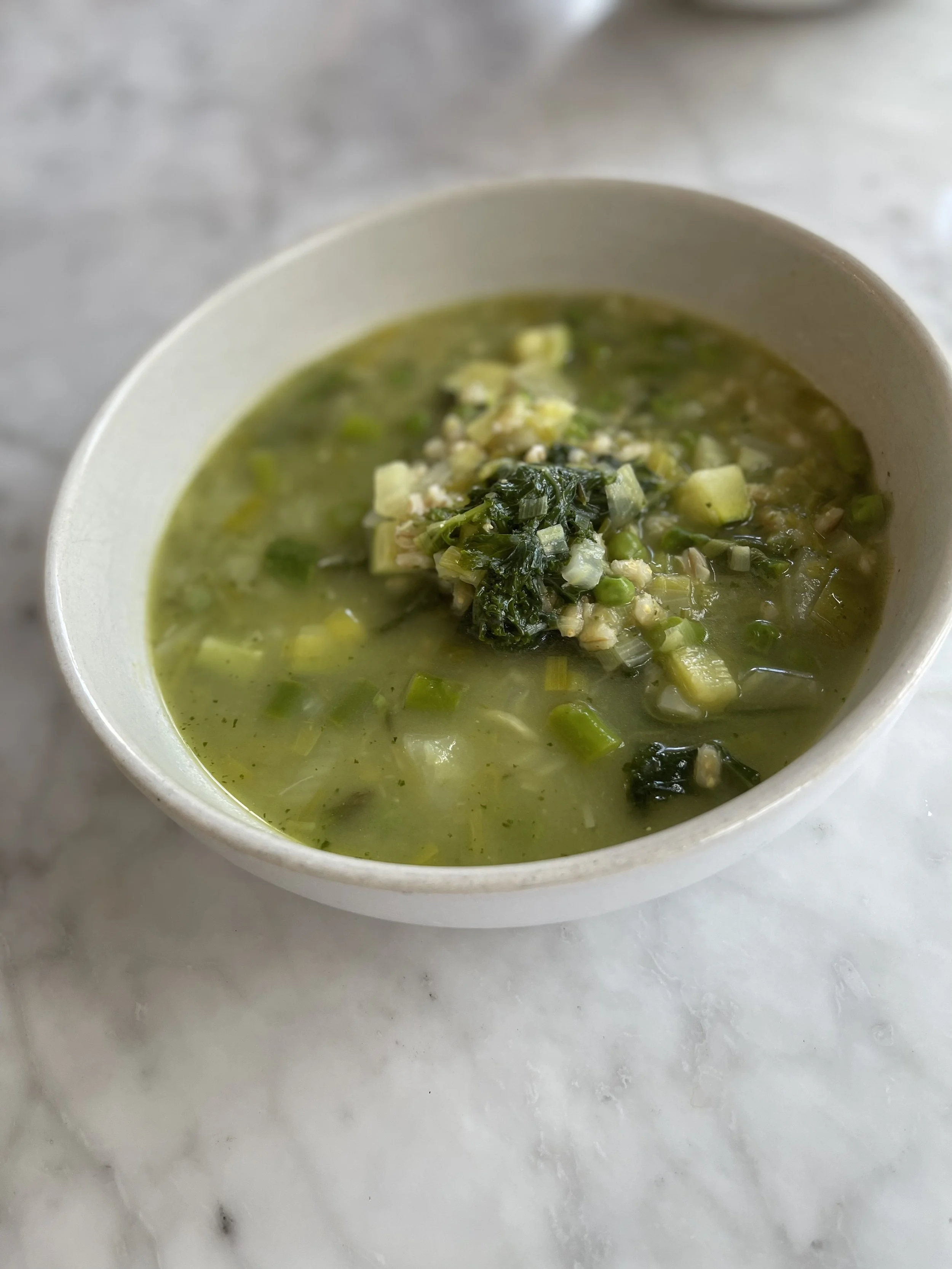 Spring Vegetable and Barley Soup with Pesto 