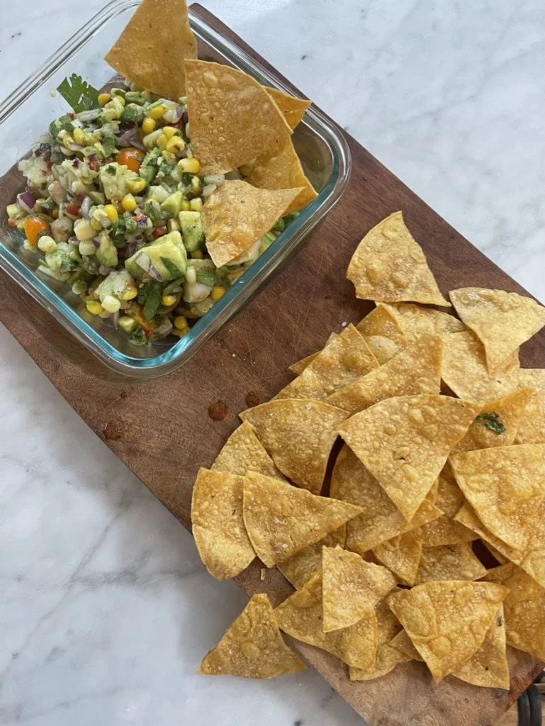Shrimp, Avocado, and Corn Salsa with Homemade Chips&nbsp;