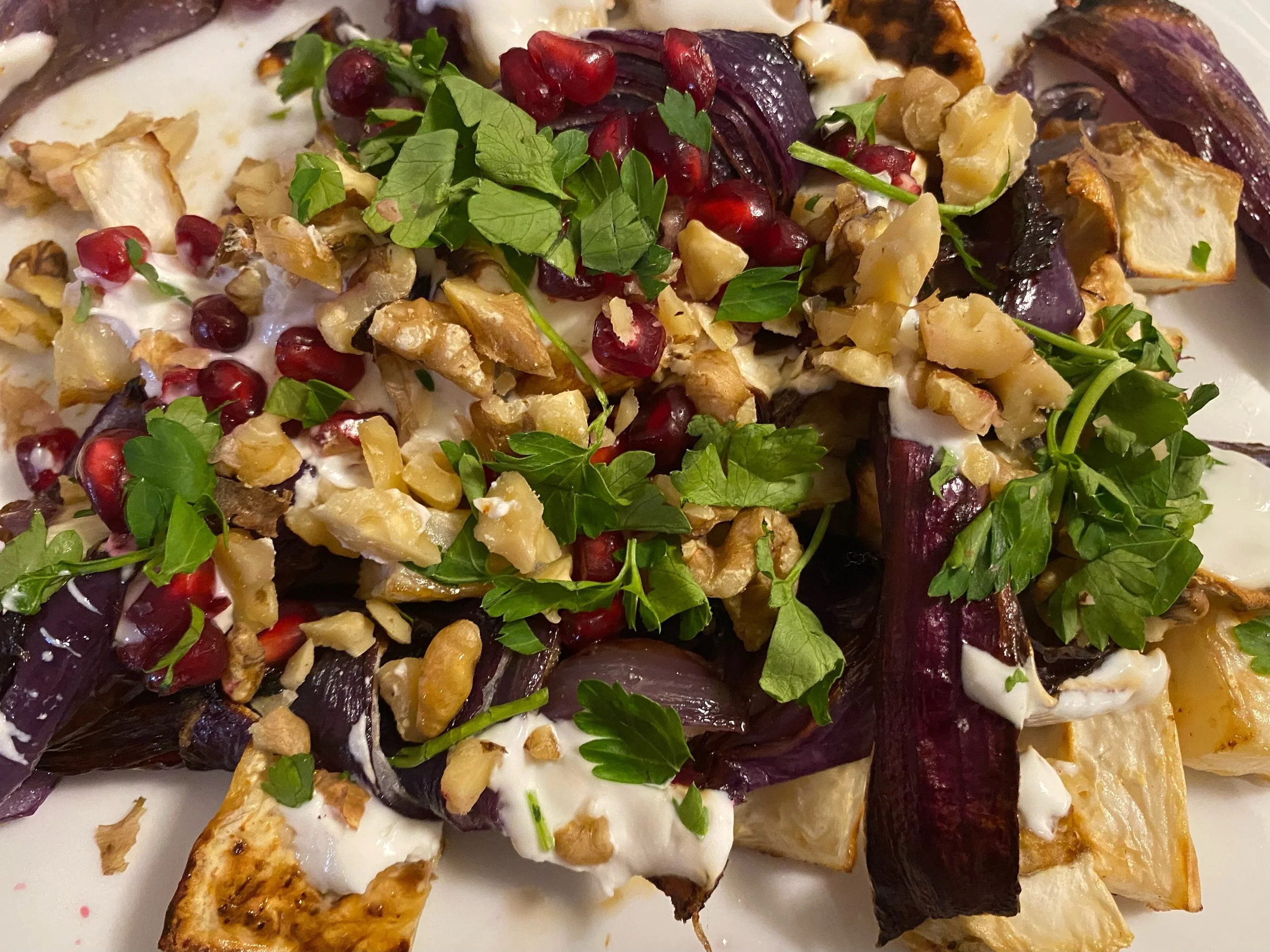 Roasted Root Vegetables with Walnuts, Pomegranates and Yogurt Drizzle