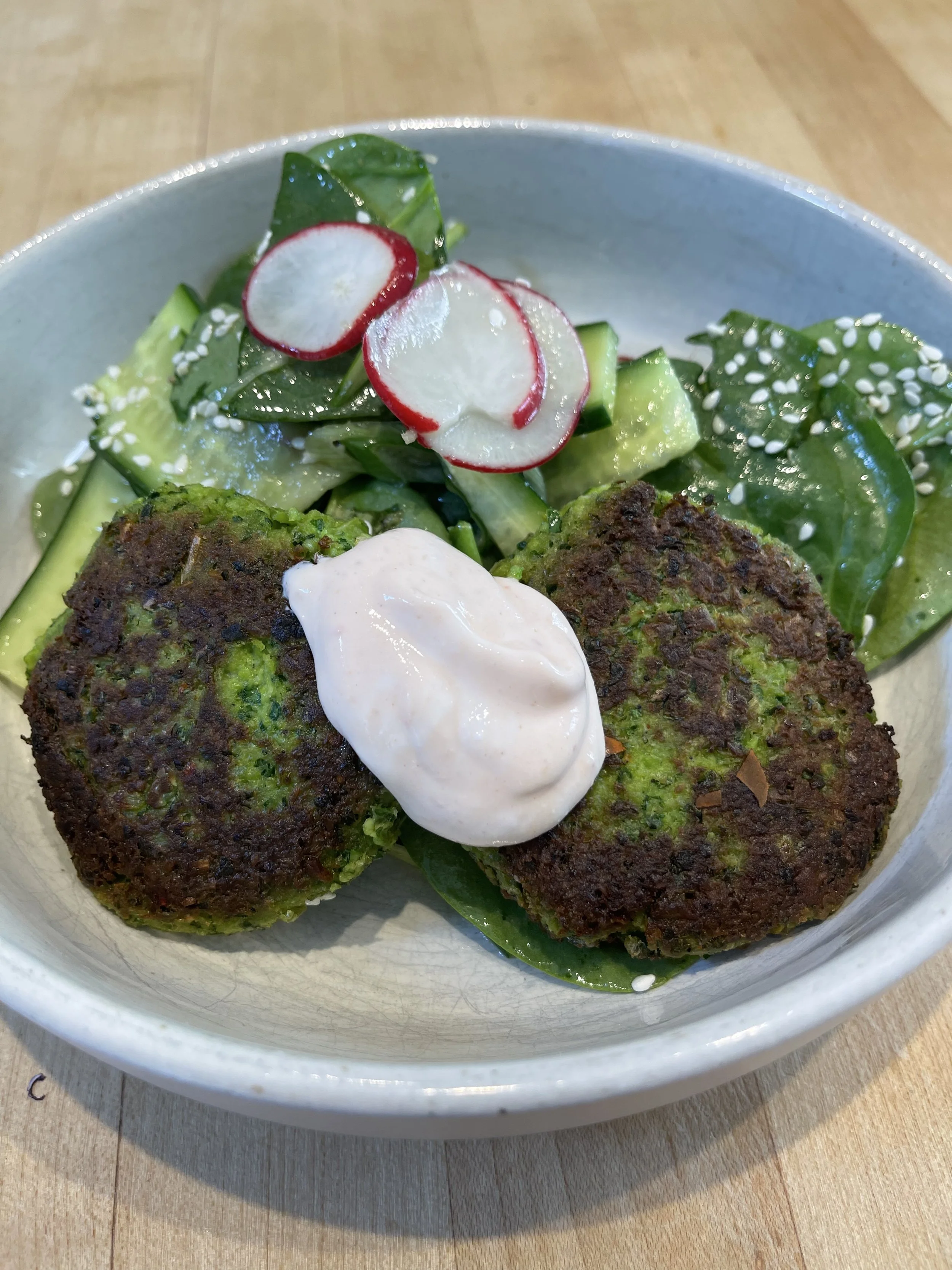 Crispy Edamame Fritters with Sriracha Yogurt and Spring Green Salad