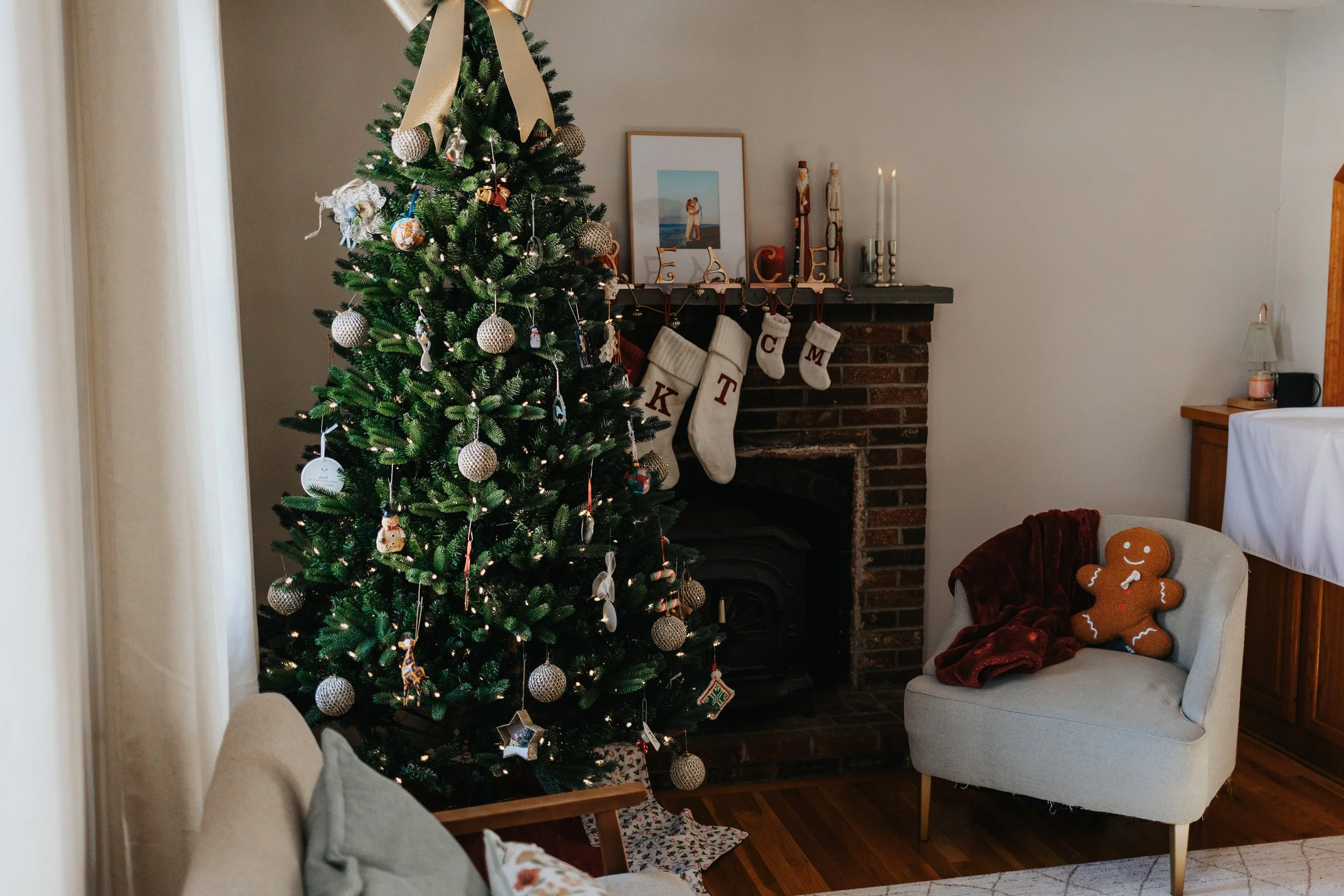 Livingroom and fireplace during Christmas in New England.